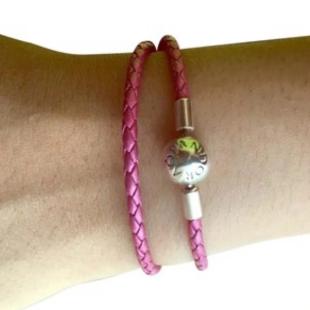 PANDORA Pink leather and Crystal pave ball charm set